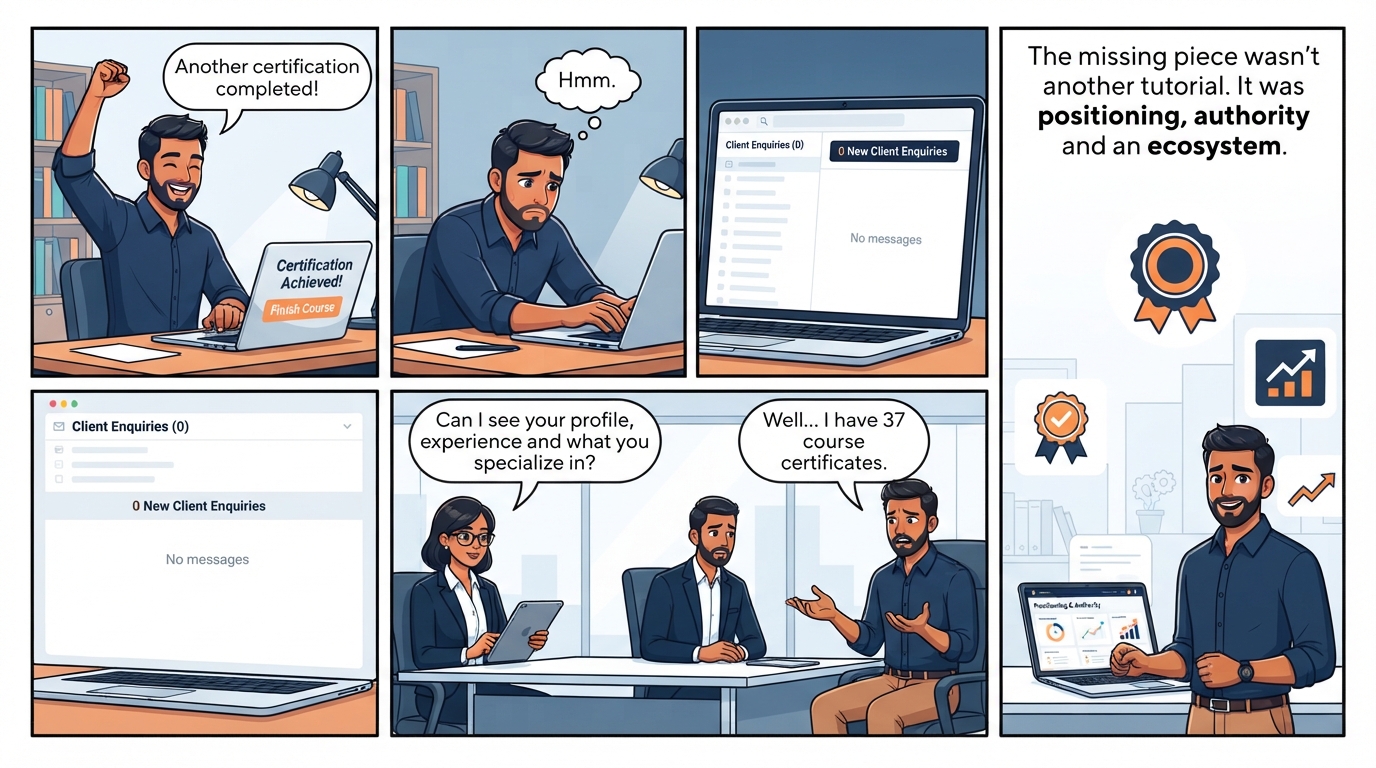 Four-panel comic: Arjun completes courses but has zero client enquiries, then realizes he needs positioning and authority
