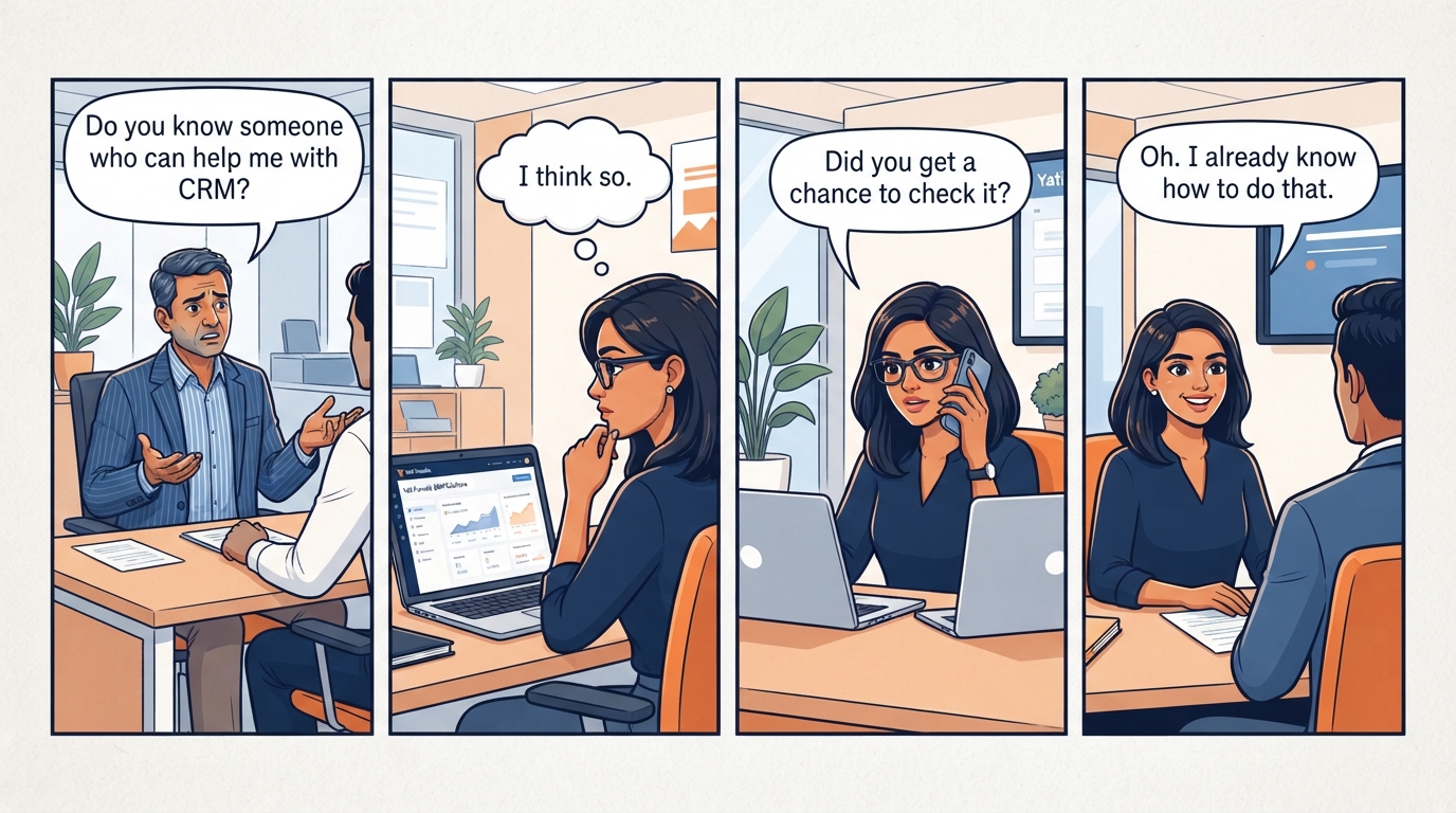 Four-panel comic strip showing Neha recognizing her referral skills: a friend asks for help, she shares Yati Funnels, follows up, and realizes she already knows how to do this