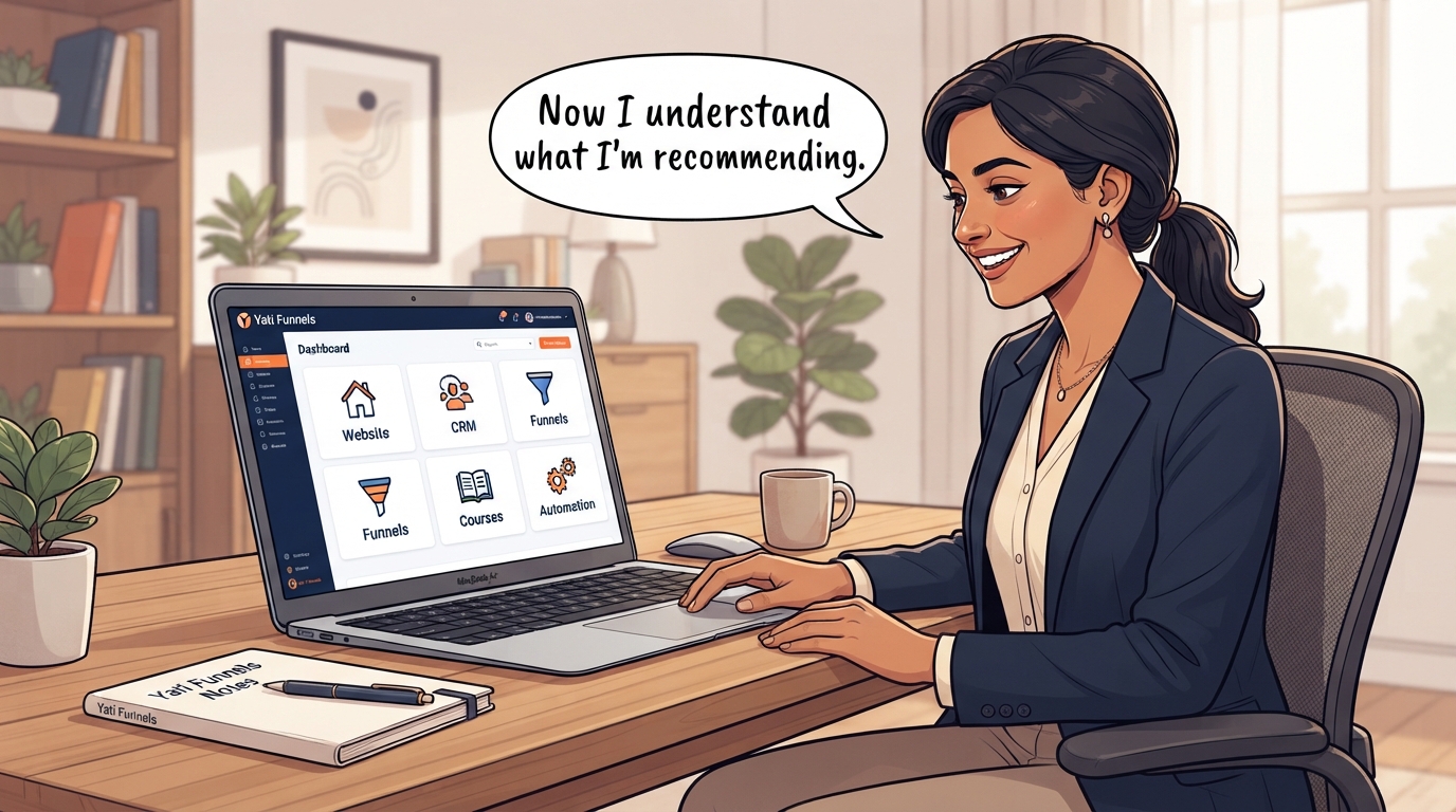 Indian professional woman Neha exploring a Yati Funnels demo dashboard showing Website, CRM, Funnels, Courses and Automation sections