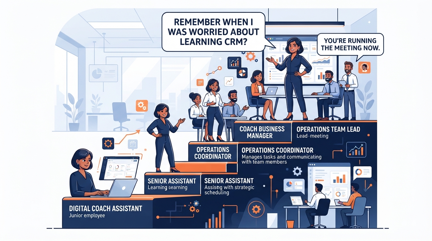 Career progression staircase from Digital Coach Assistant to Operations Team Lead, with Indian woman ascending and gaining confidence