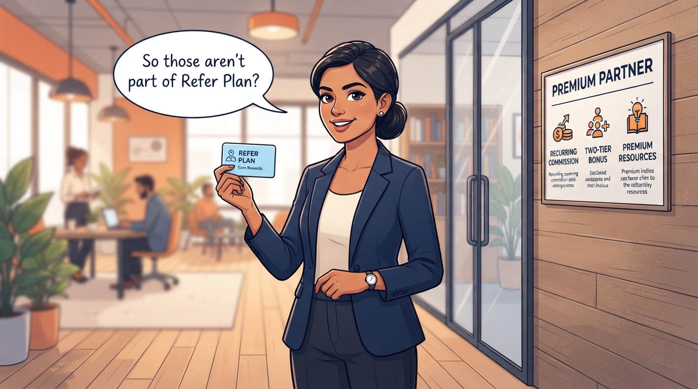 Indian professional woman Neha holding a Refer Plan card, with a separate Premium Partner door panel behind her showing recurring commission, two-tier bonus and premium resources
