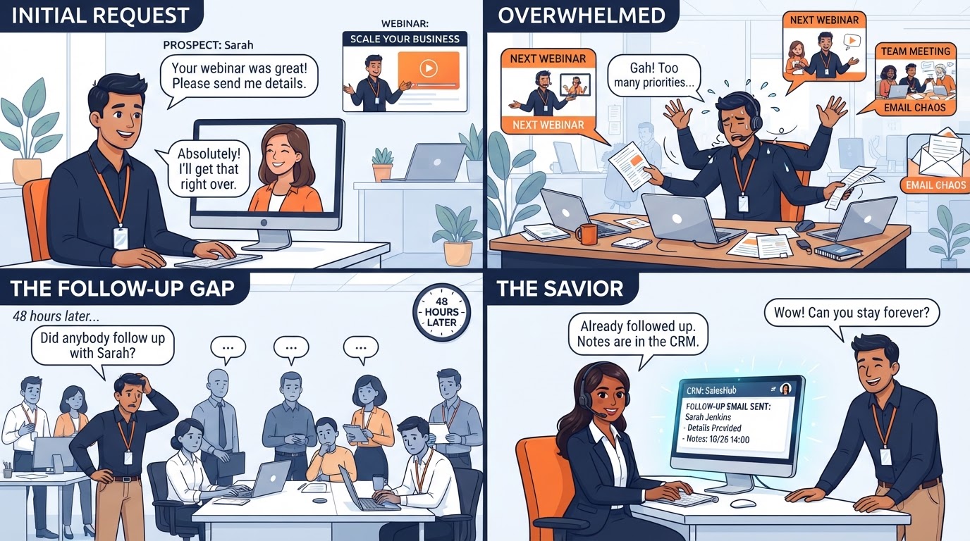 Four-panel comic strip: lead shows interest, coach gets distracted, nobody follows up for 48 hours, assistant has already followed up via CRM