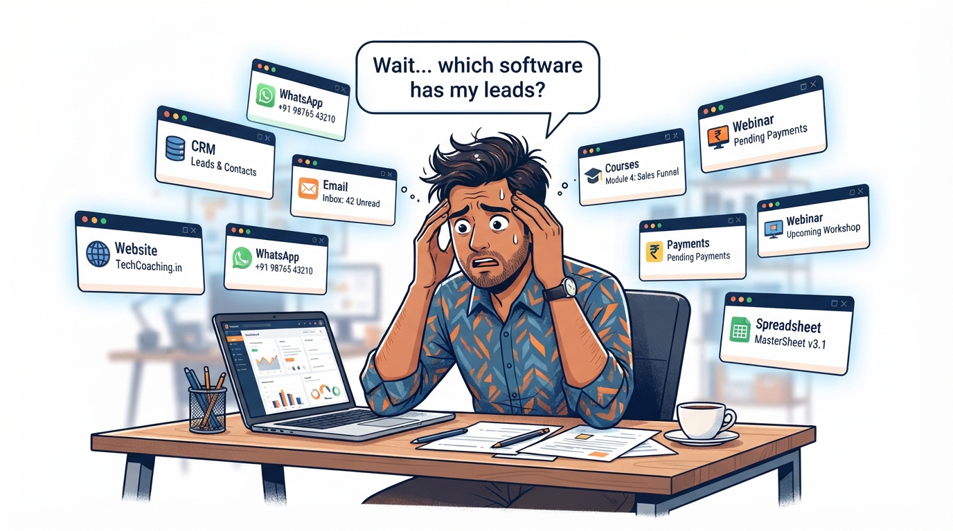 Overwhelmed Indian coach surrounded by floating browser windows for website, CRM, WhatsApp, email, courses, payments, webinar and spreadsheet