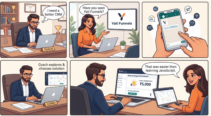 Five-panel comic showing the referral business model: coach needs CRM, Neha introduces Yati Funnels, referral link shared, coach chooses solution, dashboard records eligible commission