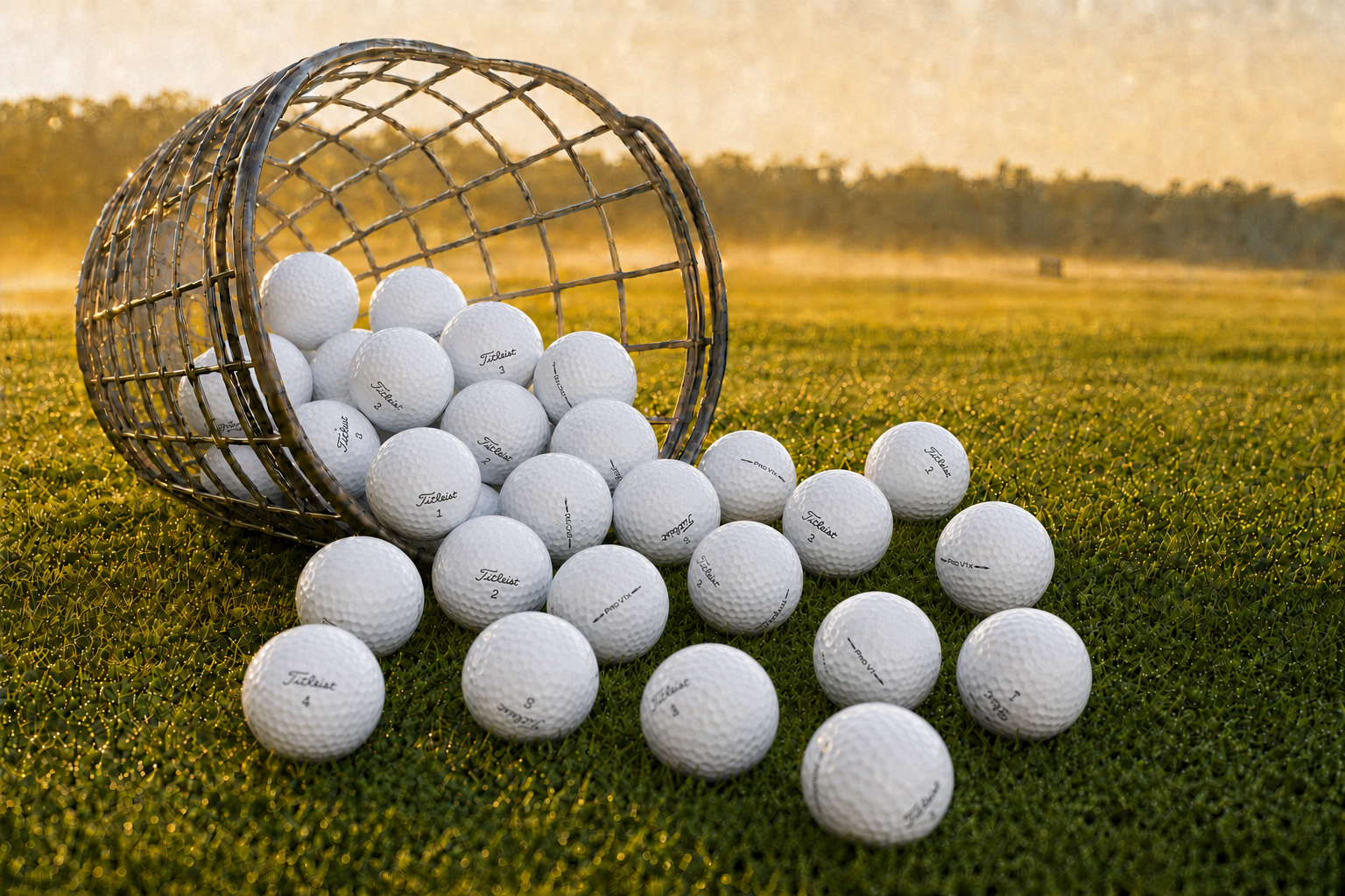 A bucket of golf balls tipped out onto a driving range