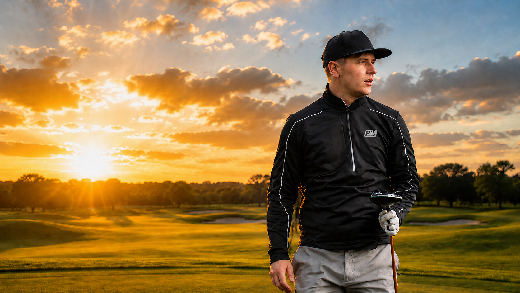 Professional golf coach mid-swing on a golf course at golden hour