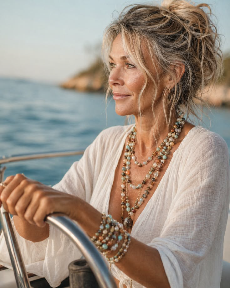 Confident woman with her hands on the wheel, steering a sailboat toward the open water