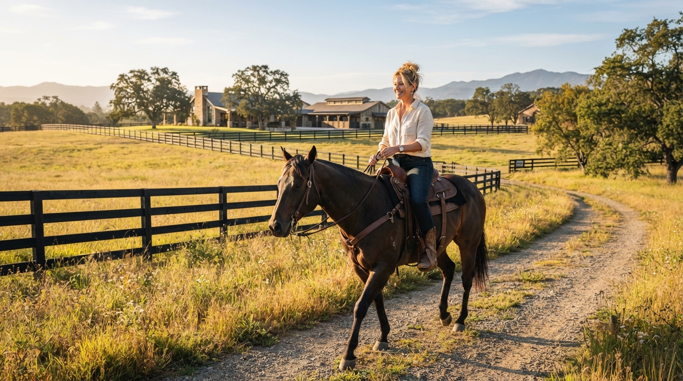 Riding a horse on an open ranch at sunset