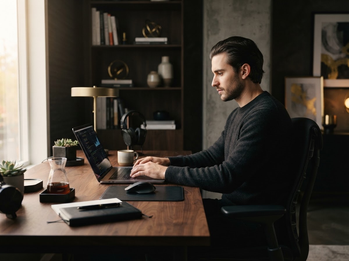 Business owner working at a clean, organised desk with a laptop - M.O.S.S. Starter