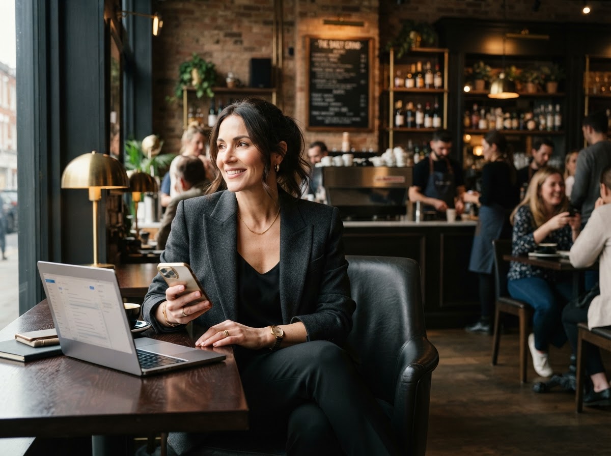 Business owner working calmly in a cafe while their M.O.S.S. system runs in the background