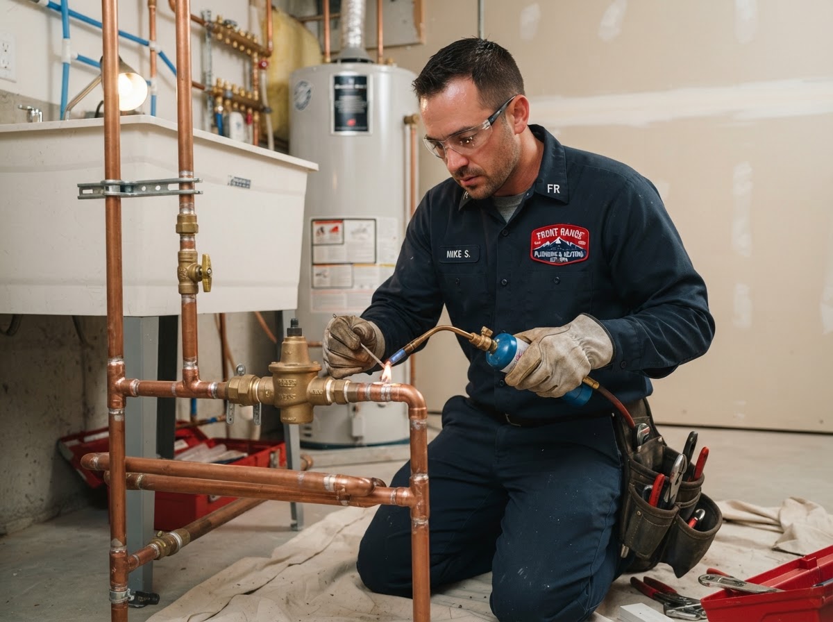 Professional plumber actively repairing residential plumbing in Loveland CO