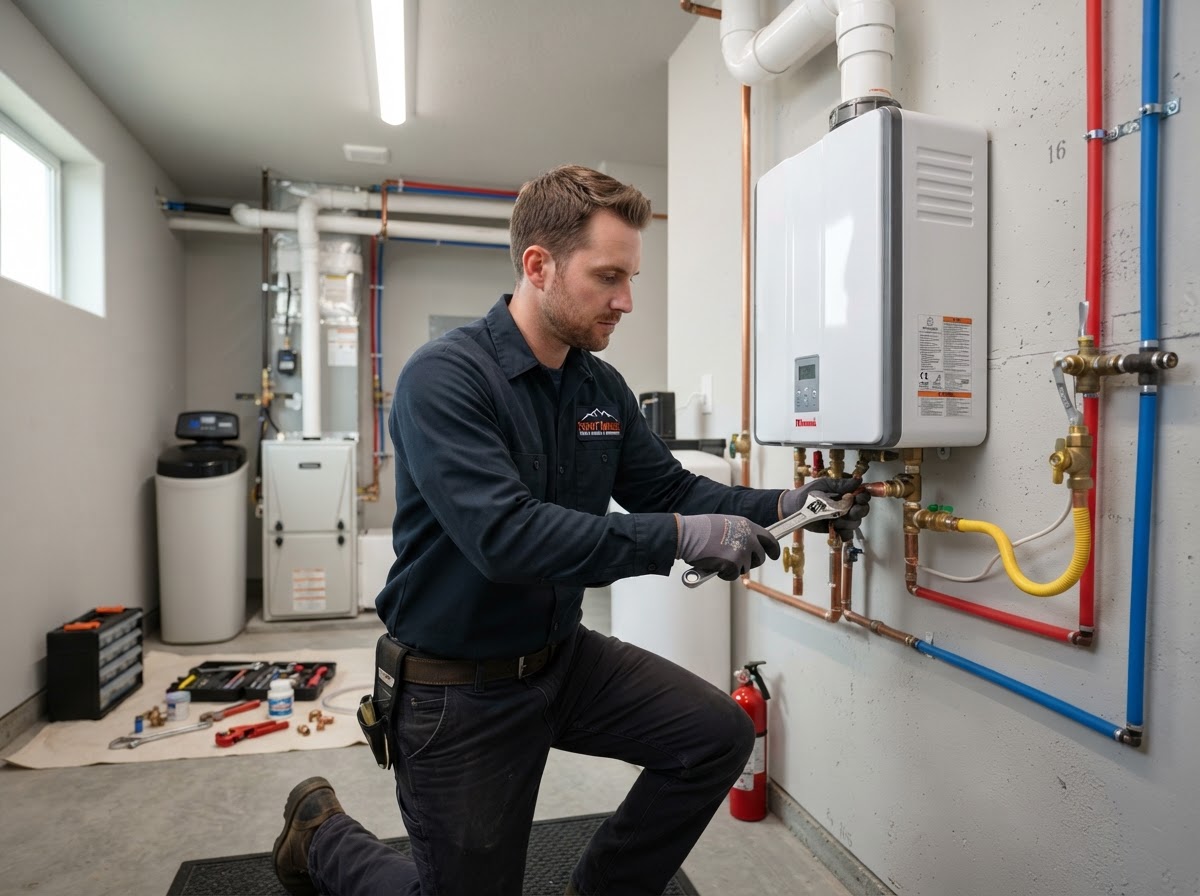 Plumber installing and inspecting a modern tankless water heater in Loveland home