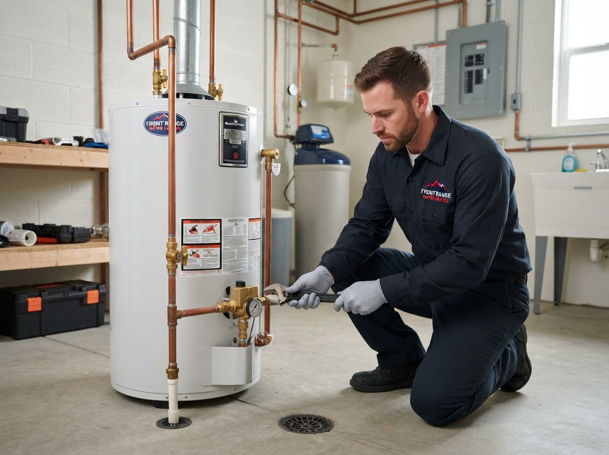 Professional plumber servicing a residential water heater in Loveland CO