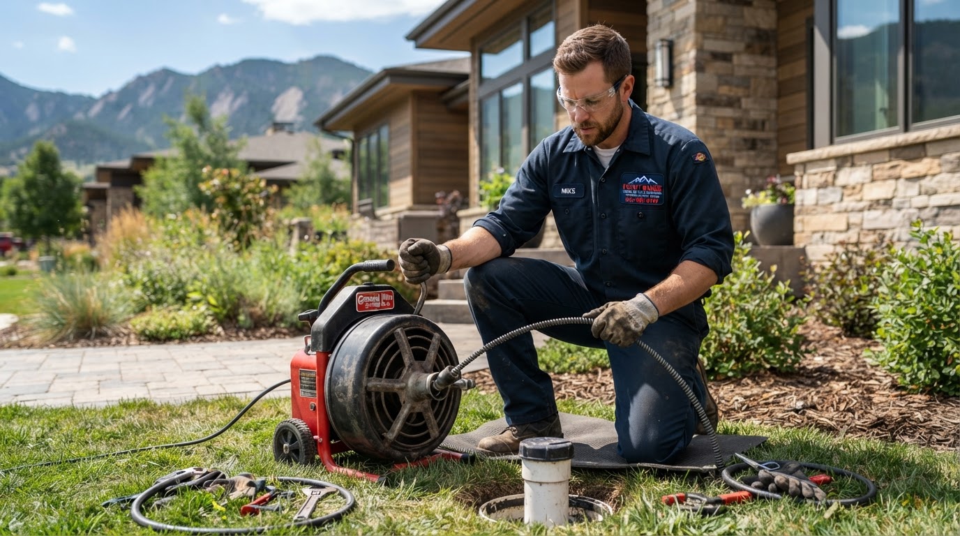 Front Range technician performing residential drain cleaning service in Loveland, Colorado