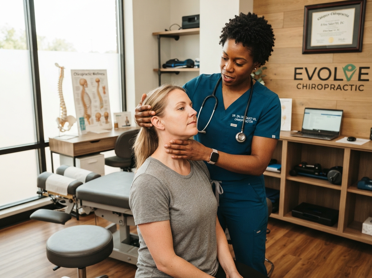 Dr. Erline Saint-Vil performing a neck and posture assessment