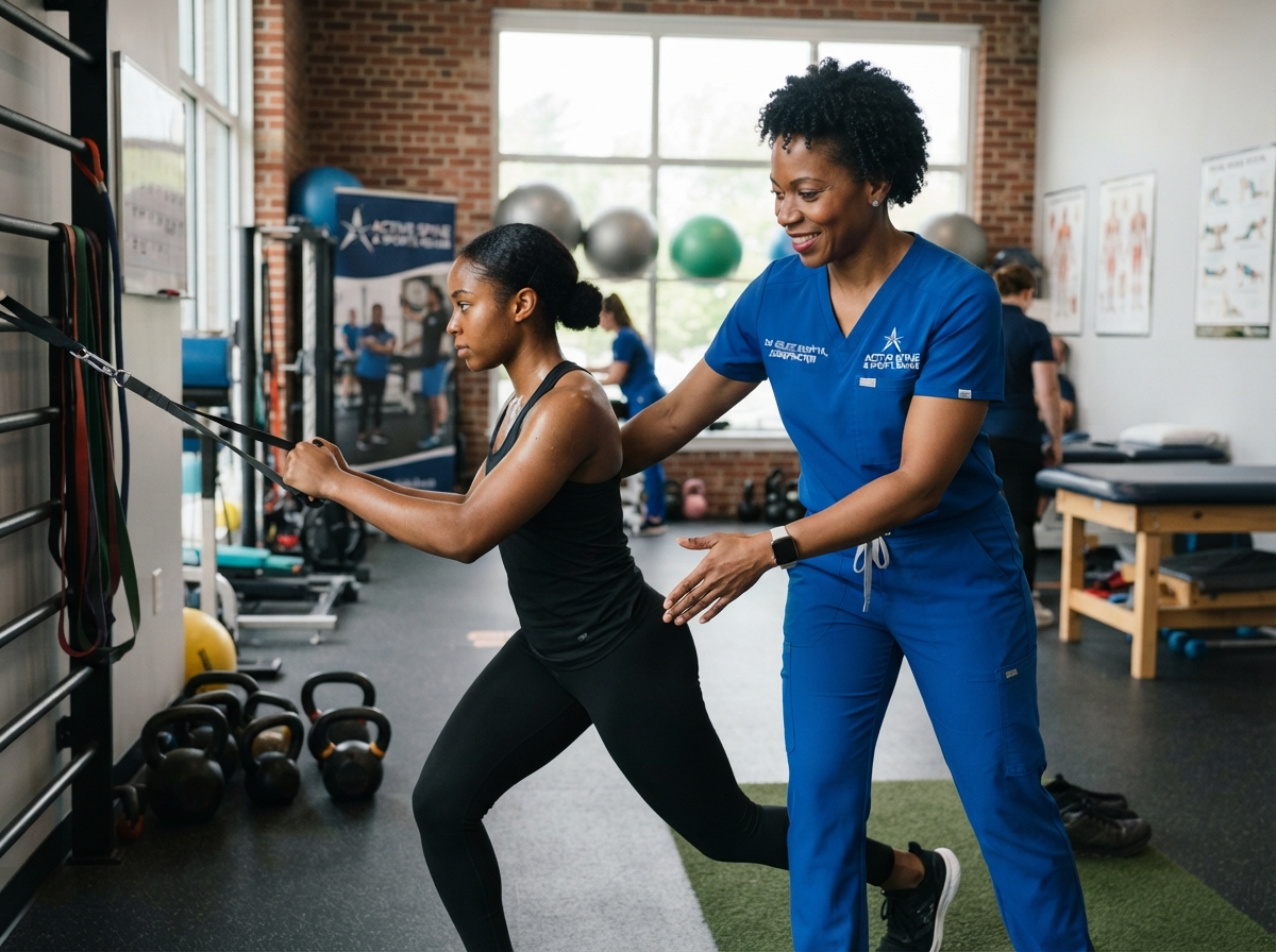 Dr. Erline Saint-Vil guiding an athlete through sports rehabilitation exercises