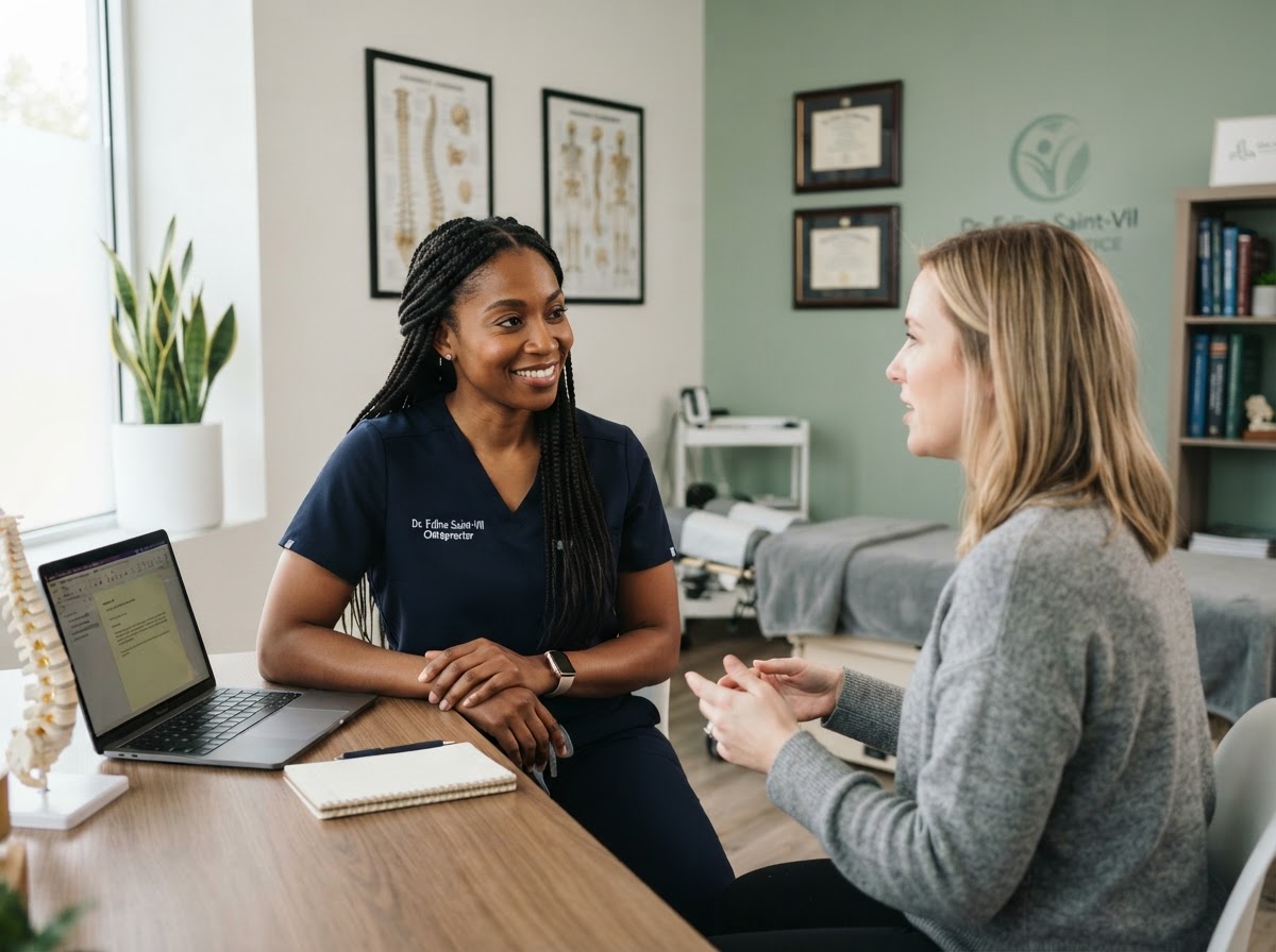 Dr. Erline Saint-Vil consulting with patient about personalized chiropractic care at Healing Touch Chiropractic