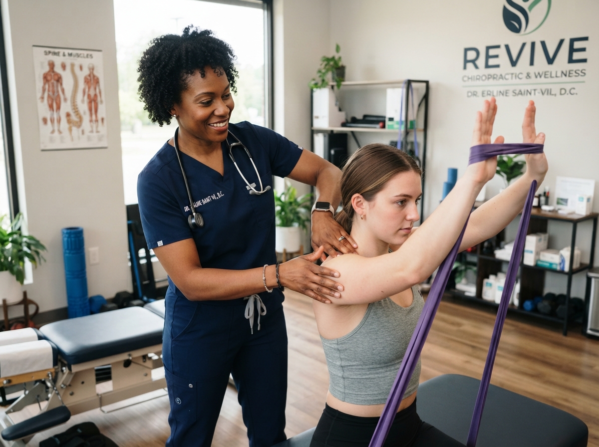 Dr. Erline Saint-Vil performing soft tissue therapy and corrective exercise guidance