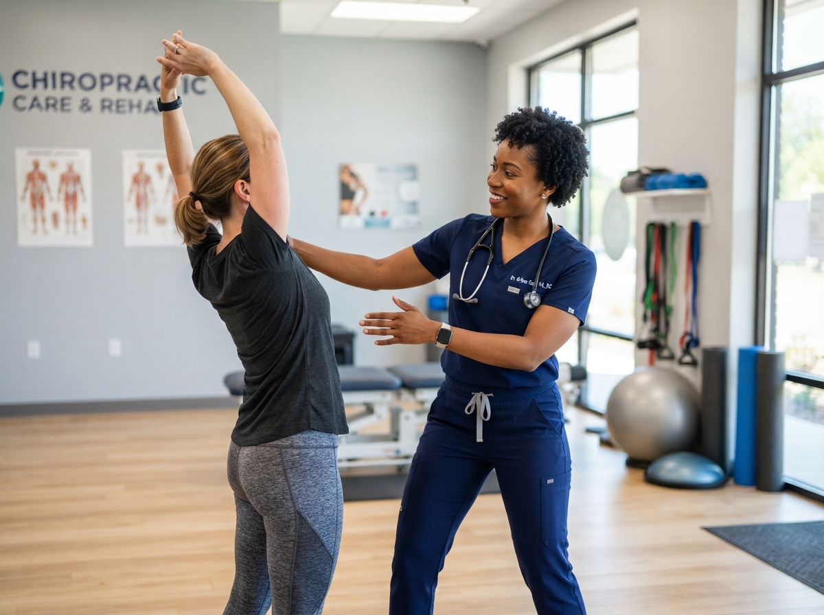 Dr. Erline Saint-Vil guiding a patient through corrective back exercises