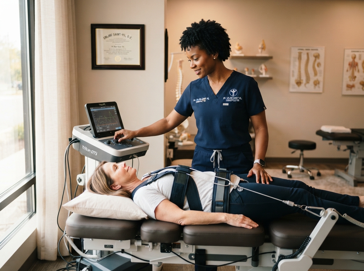 Dr. Erline Saint-Vil operating spinal decompression therapy equipment