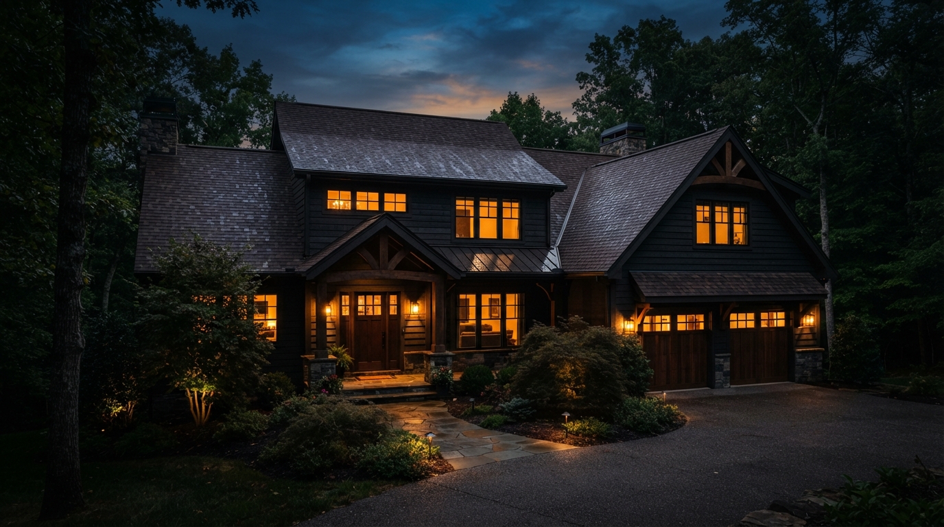 Beautiful residential home with premium roof at dusk