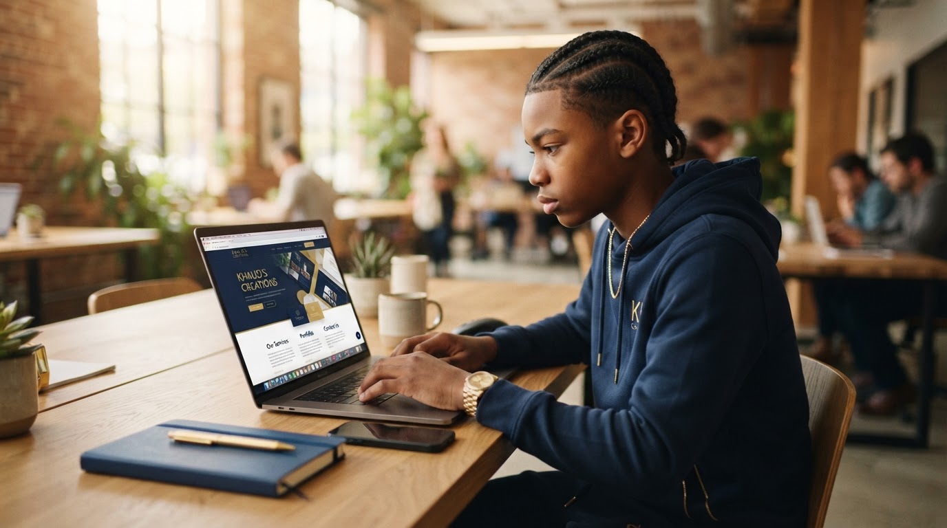 A confident Black teenager building a business website on a laptop at a modern workspace in Jackson, Mississippi