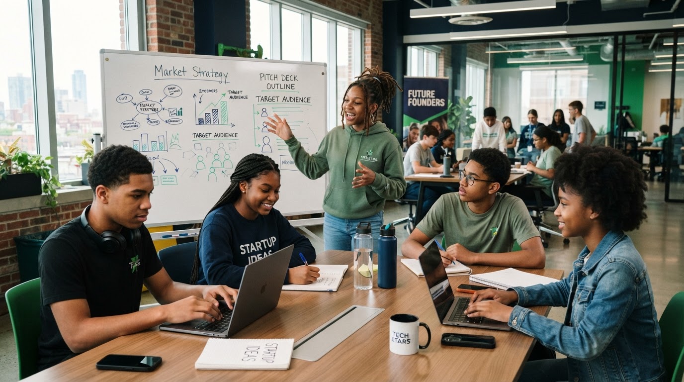 Diverse Jackson teenagers collaborating on business ideas in a modern startup space