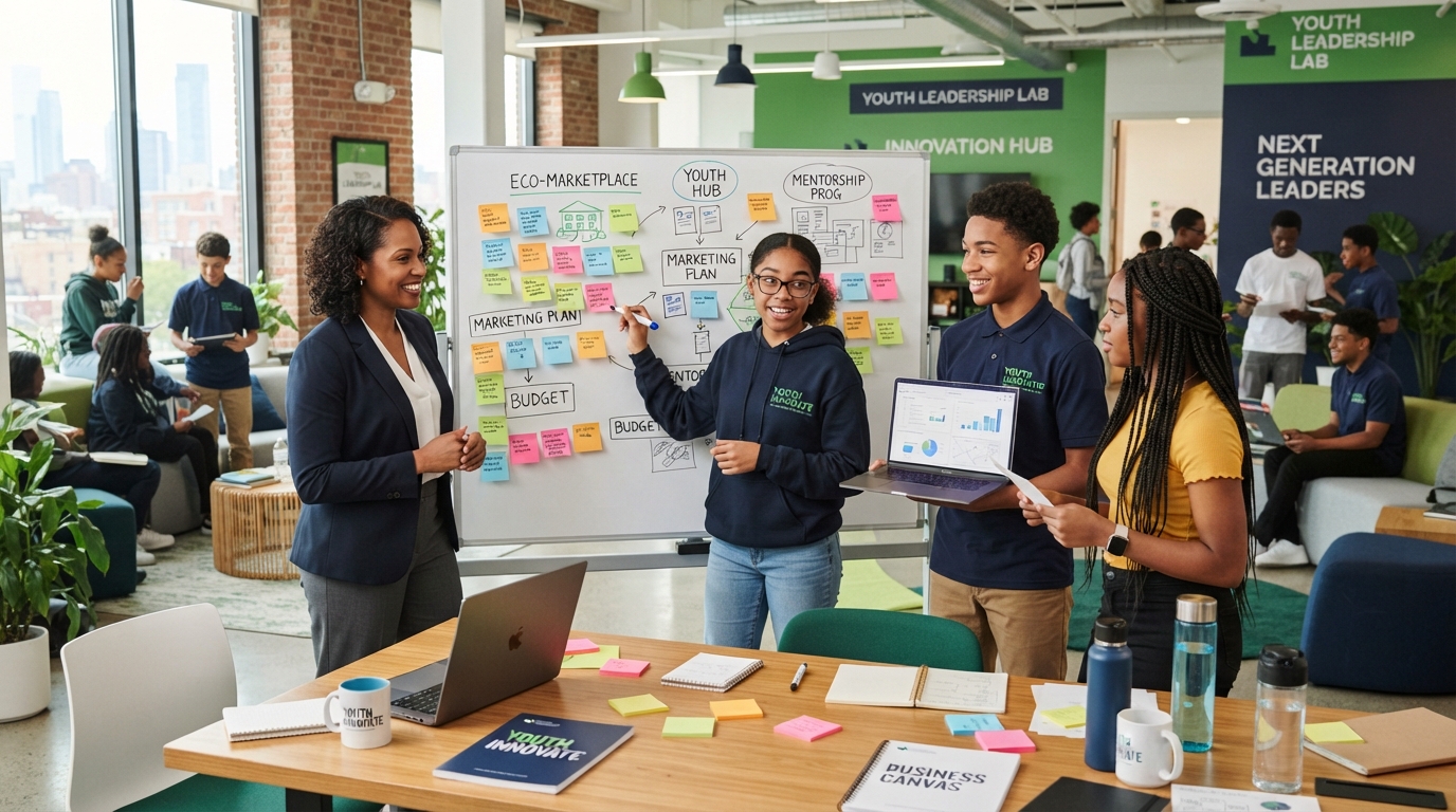 NEXT Institute mentors and diverse teenagers collaborating in an innovation lab