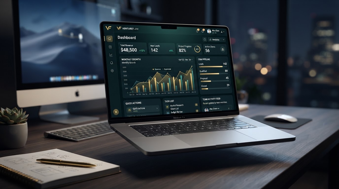 NEXT Launchpad digital business platform dashboard on a laptop
