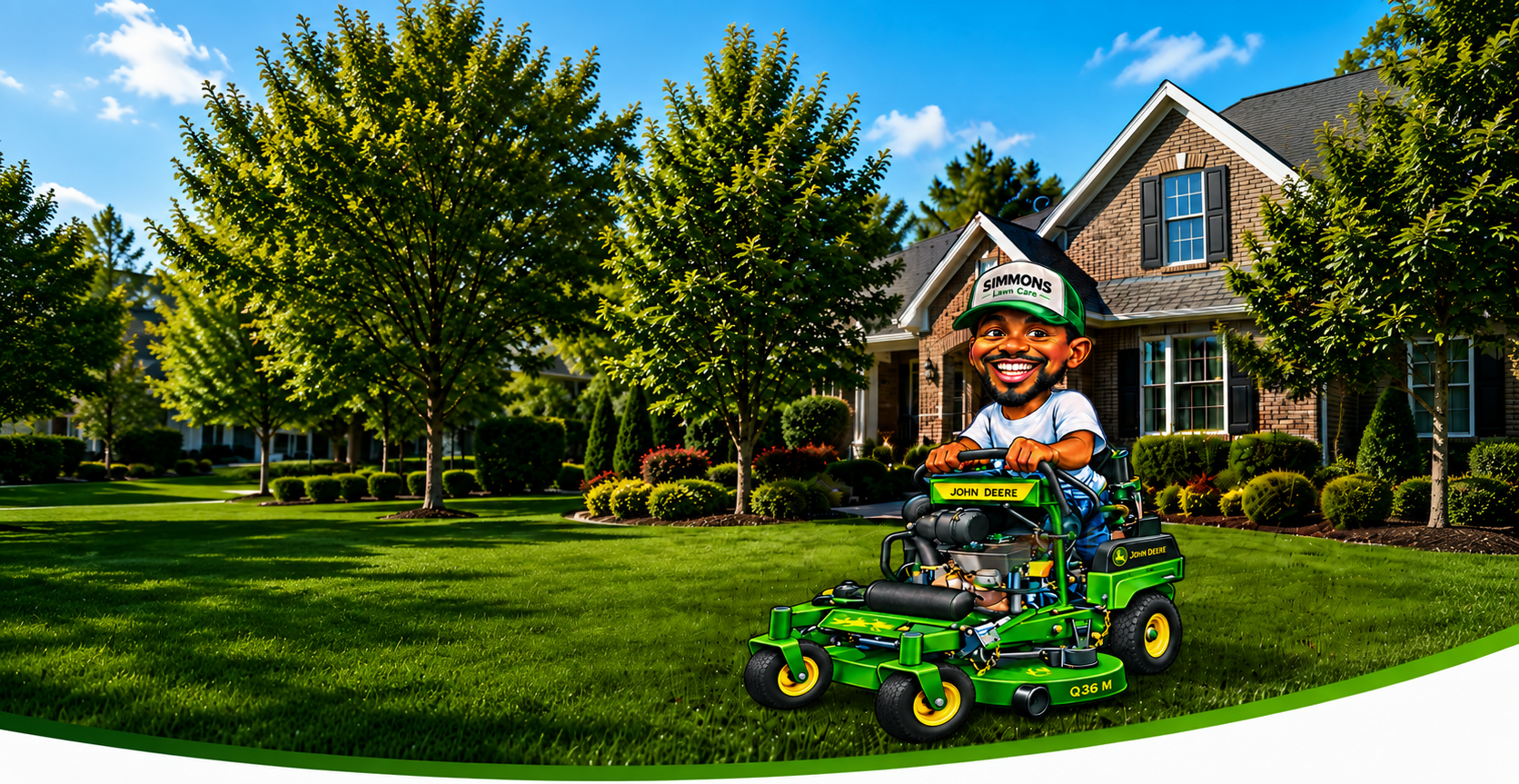 Simmons Lawn Care professional mowing a beautiful green lawn in front of a home