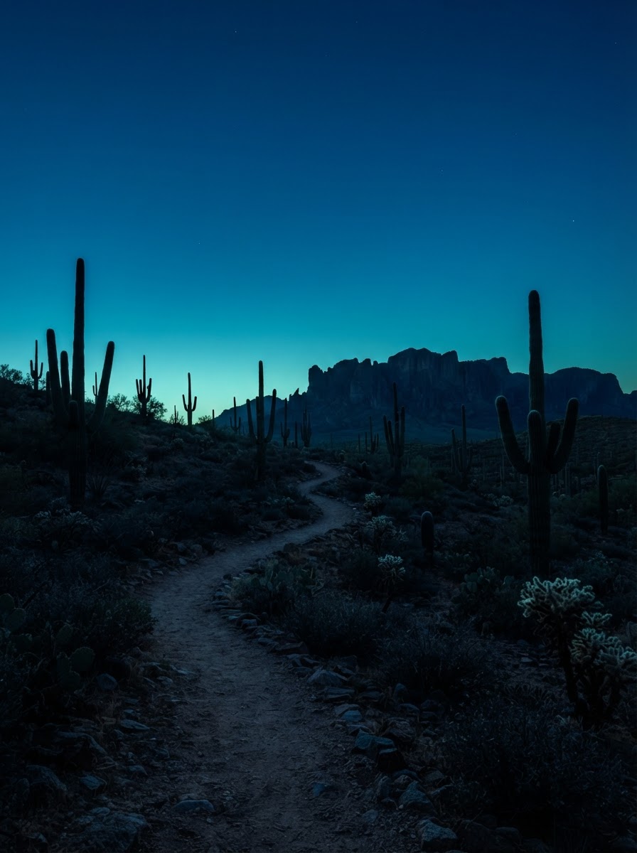 A serene Sonoran Desert path in Arizona at twilight blue hour, symbolizing the inner journey of self-discovery and personal growth