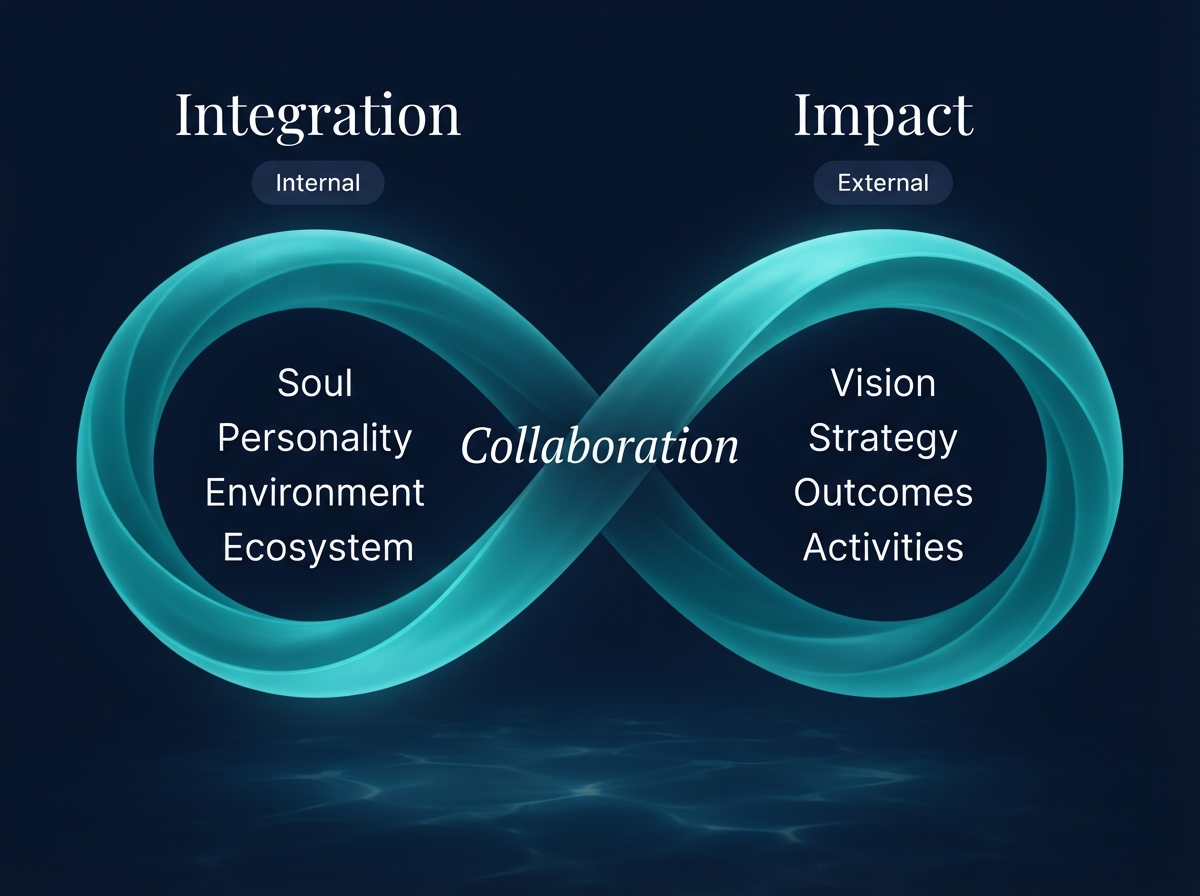 Infinity loop diagram: Integration (Internal work of Soul, Personality, Environment, Ecosystem) and Impact (External work of Vision, Strategy, Outcomes, Activities) connected through Collaboration at the center