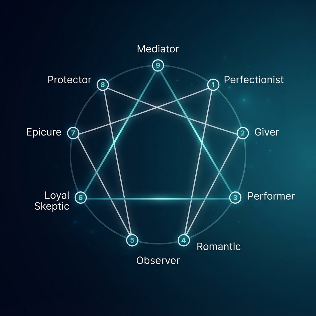 Enneagram diagram showing nine interconnected personality points: Perfectionist, Giver, Performer, Romantic, Observer, Loyal Skeptic, Epicure, Protector, and Mediator