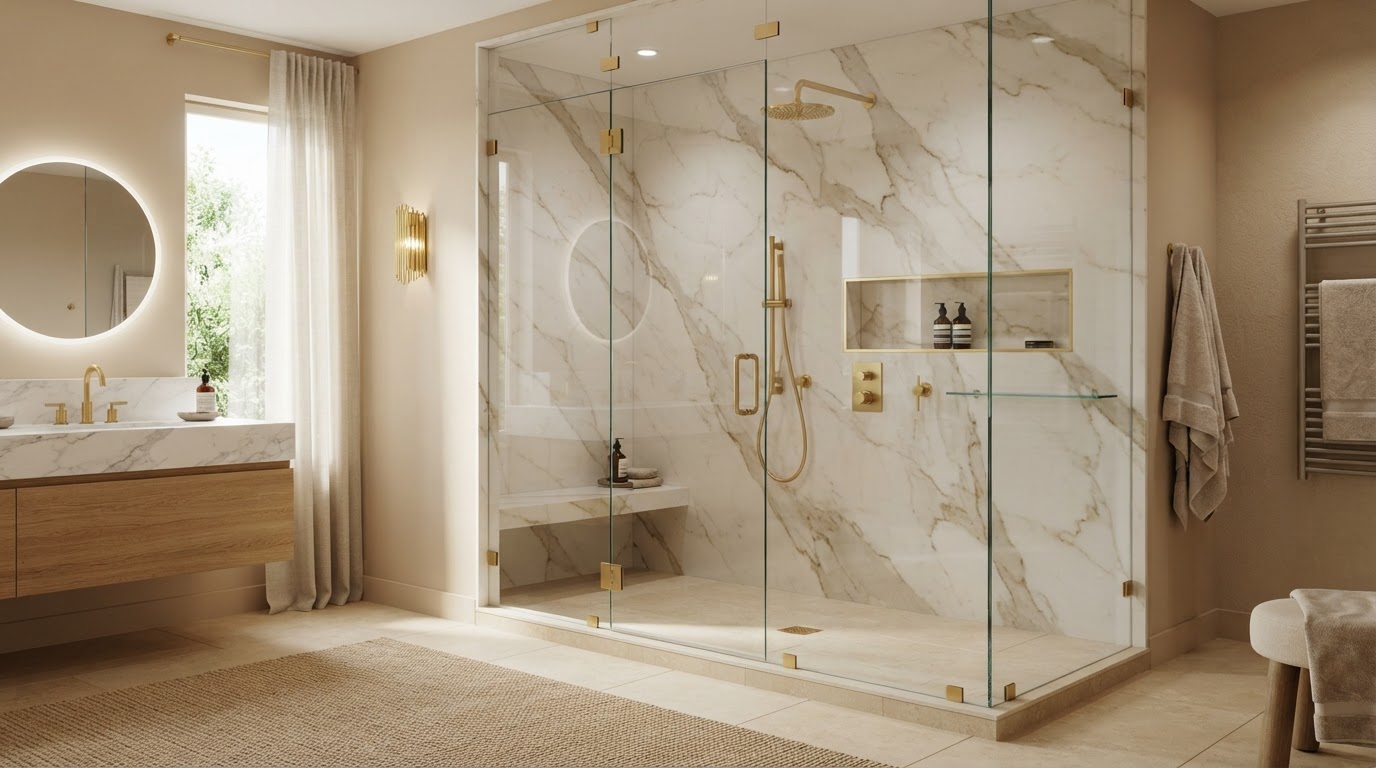 Modern walk-in shower with large-format slab walls and glass enclosure where a bathtub used to be