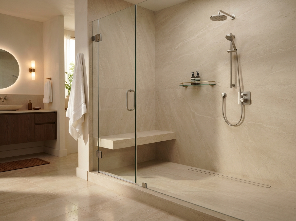 Walk-in shower inspiration with frameless glass, stone slab walls, and modern fixtures