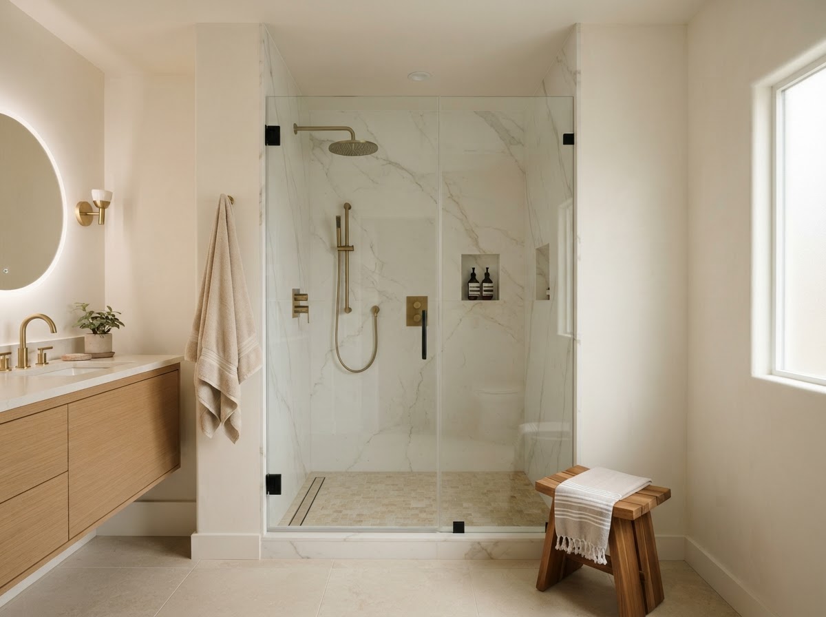 Tub-to-shower conversion inspiration showing a modern shower with slab walls and premium fixtures