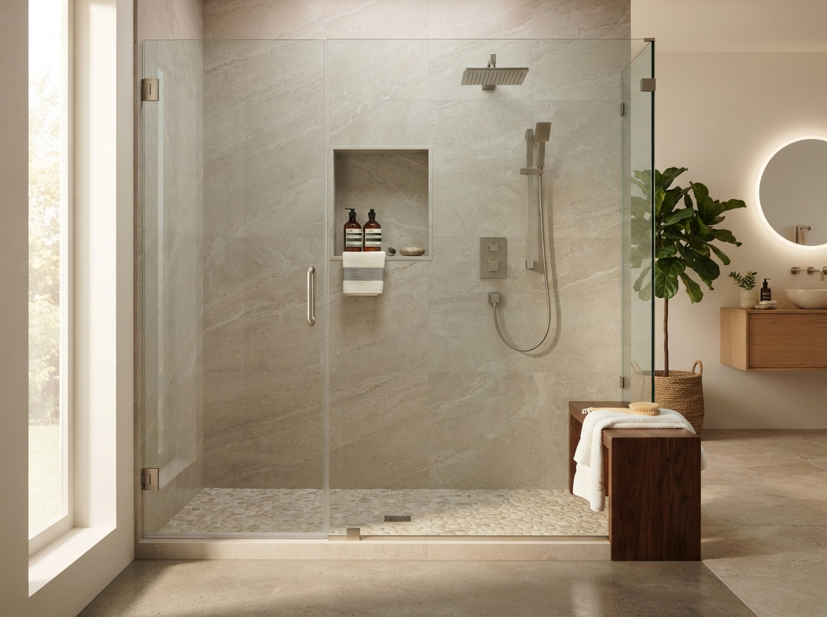 Walk-in shower inspiration with frameless glass, low-threshold entry, and neutral stone-toned slab walls