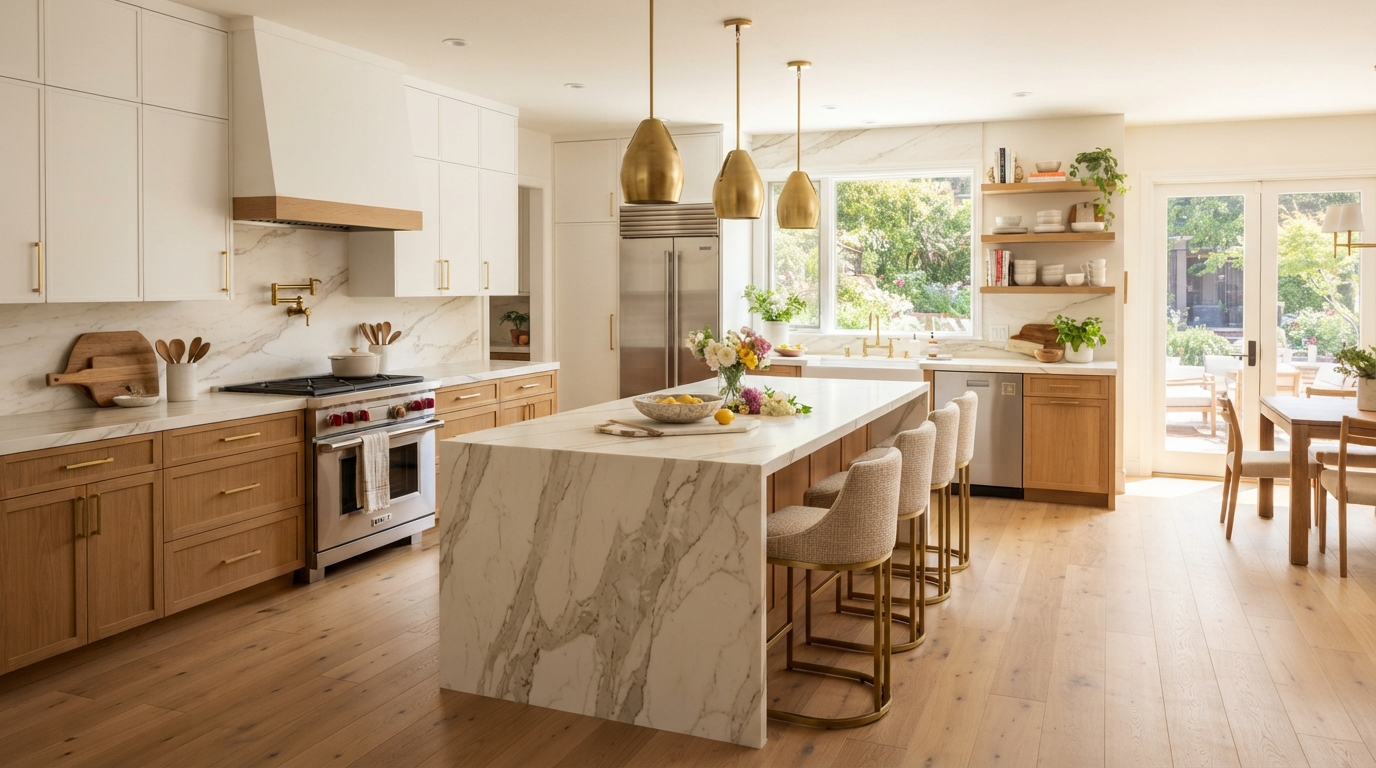 Custom kitchen remodeling in Coeur d'Alene Idaho with white cabinetry, marble island, and gold pendant lights