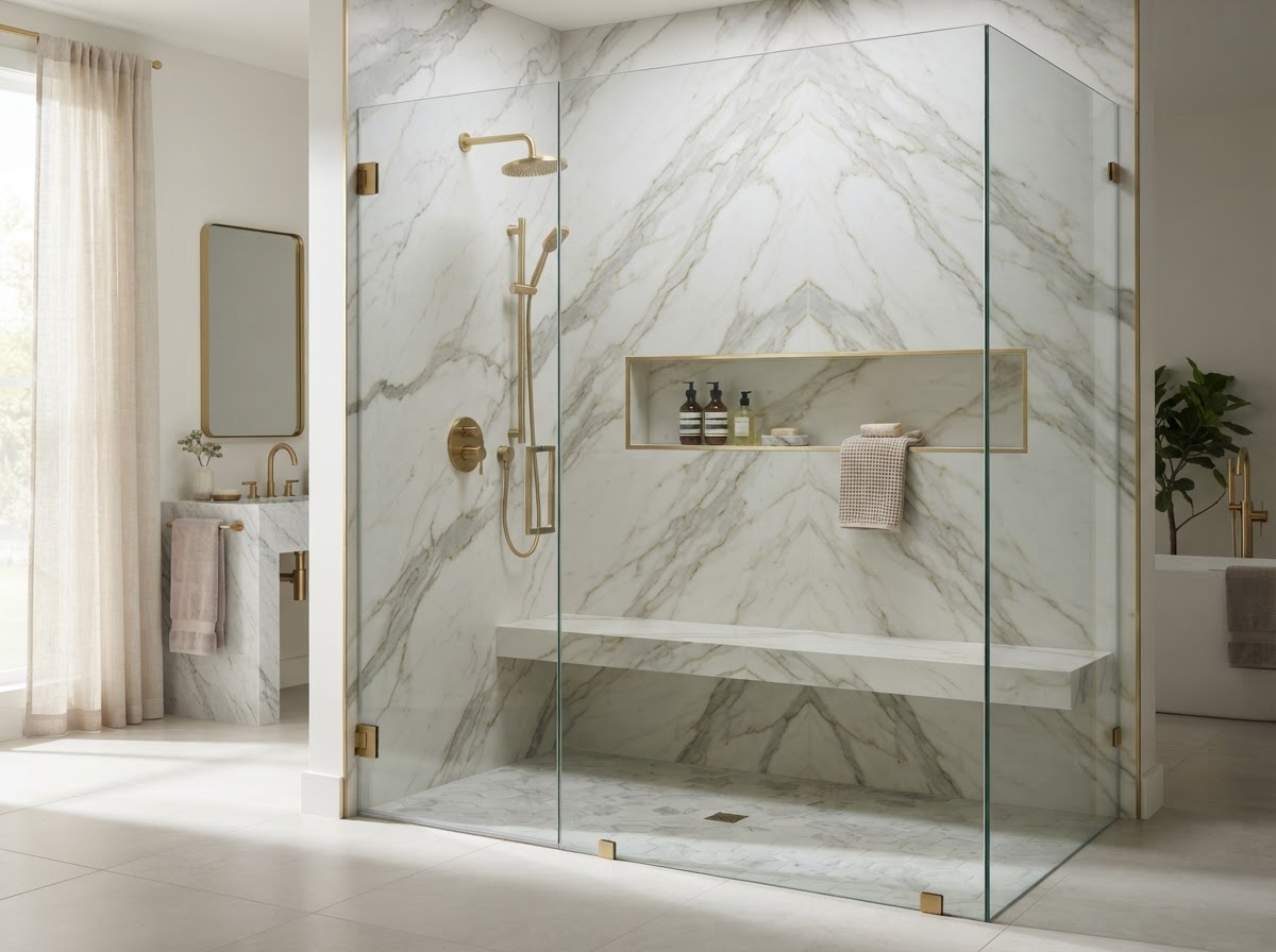 Large-format slab shower wall with marble-vein pattern, niche storage, and gold fixtures