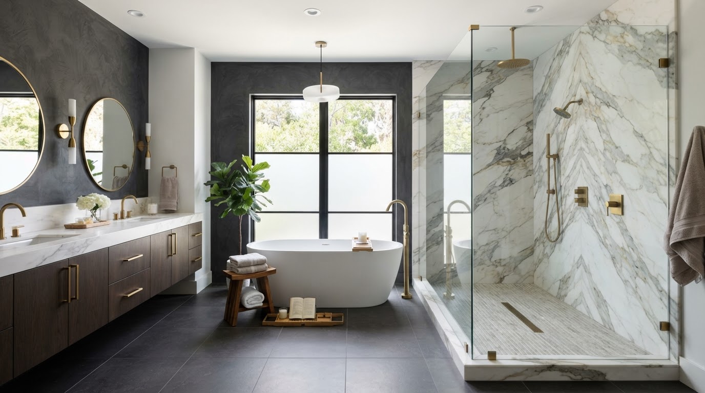 Luxury bathroom remodel in Coeur d'Alene with a large walk-in slab shower and warm gold fixtures