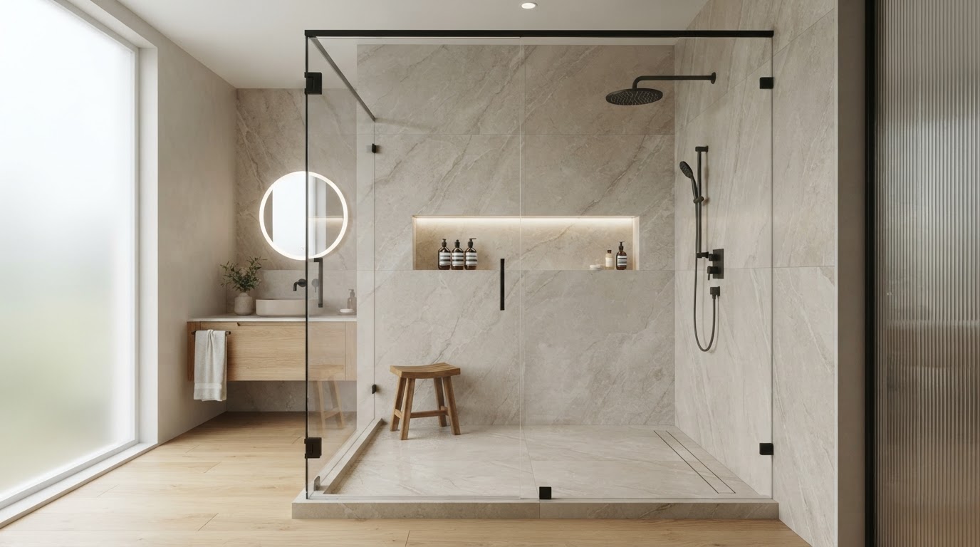 Custom walk-in shower with frameless glass enclosure and large-format stone slab walls