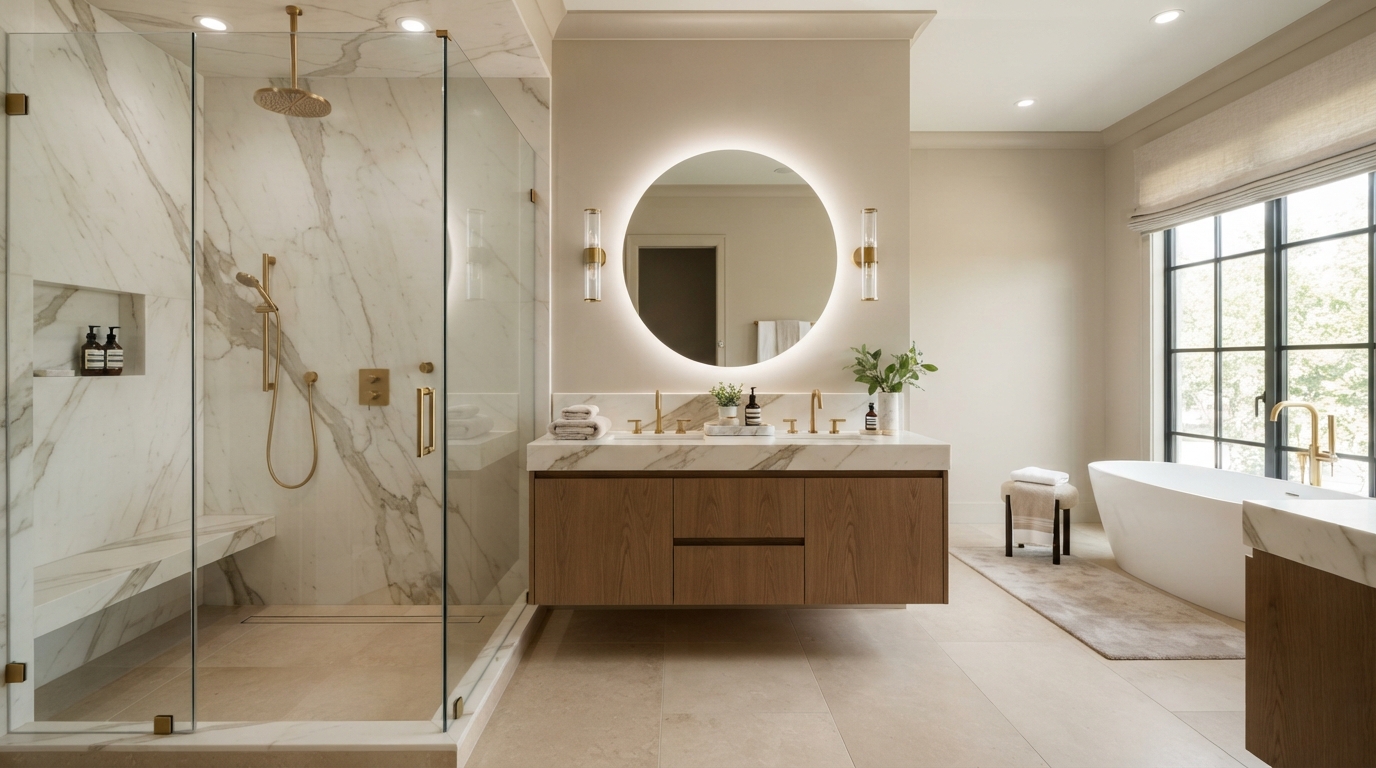 Premium remodeled bathroom with walk-in slab shower and gold fixtures