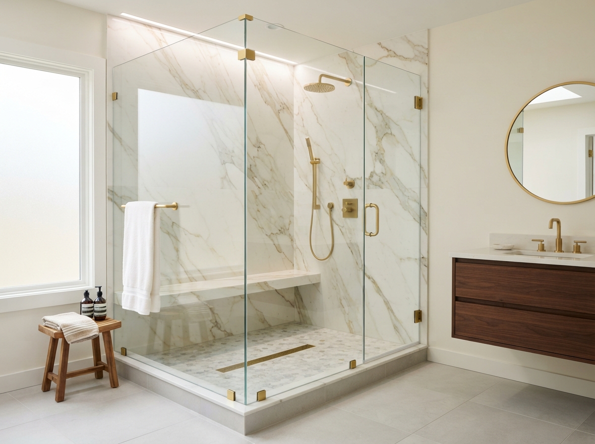 Tub-to-shower conversion with glass enclosure and stone slab walls