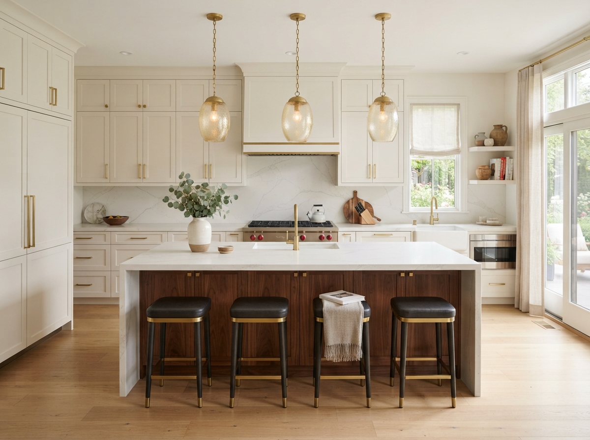 Premium kitchen cabinetry with organized pantry pullout drawers and gold hardware