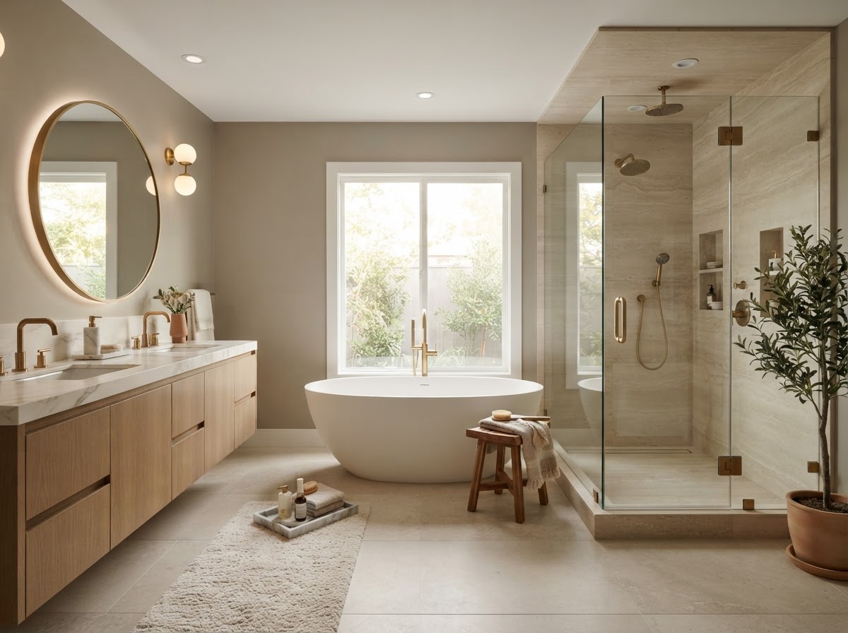 Bathroom remodeling inspiration showing a spacious modern bathroom with freestanding tub and large-format slab shower