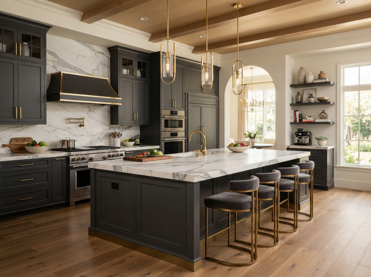 Kitchen inspiration with charcoal cabinetry and gold hardware