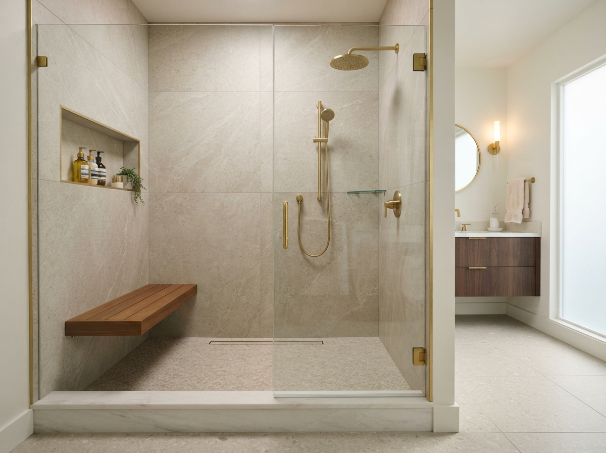 Walk-in shower inspiration with low-threshold entry, frameless glass, and neutral stone slab walls