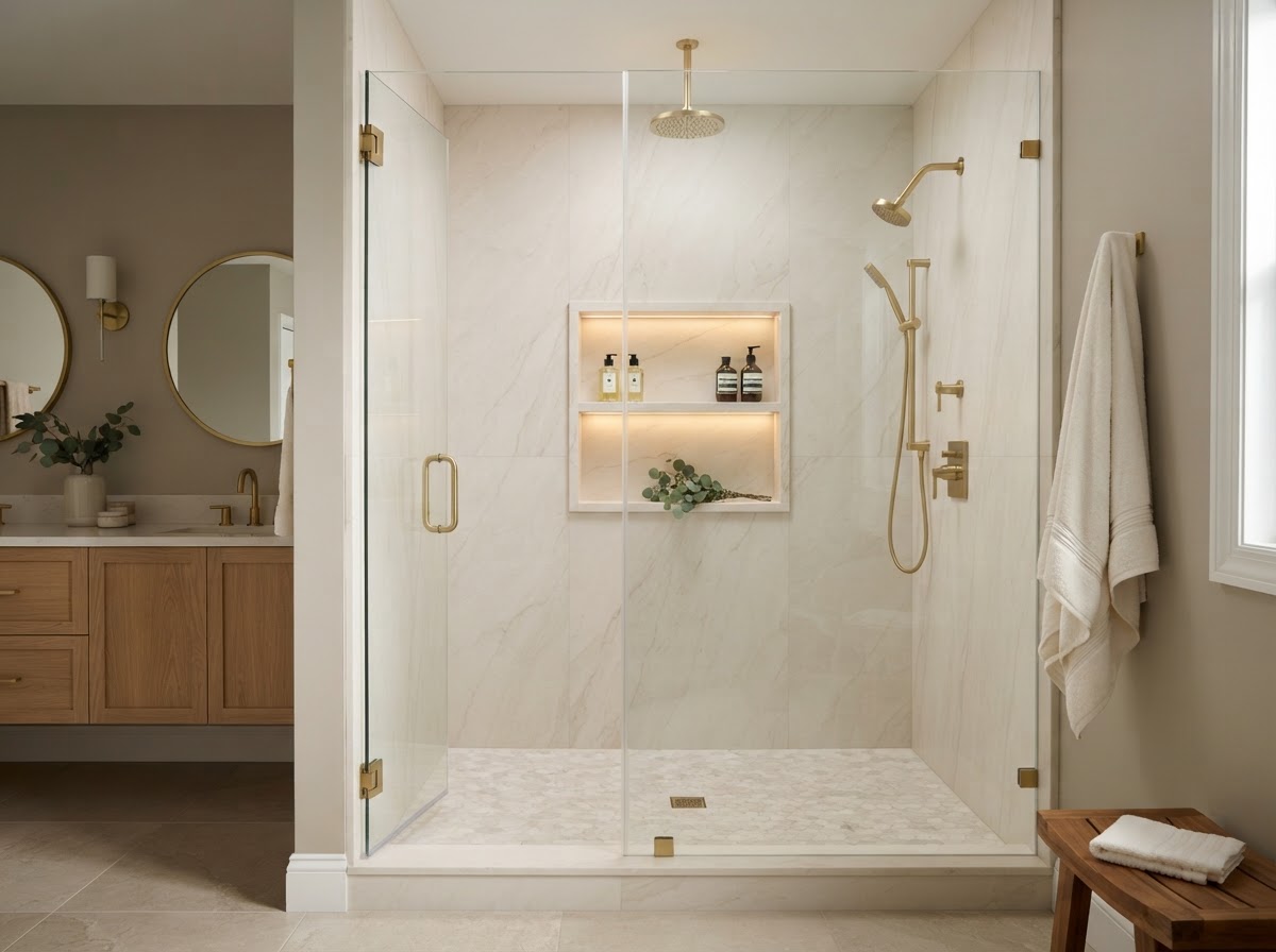Shower replacement inspiration showing a modern walk-in shower with slab walls and glass door
