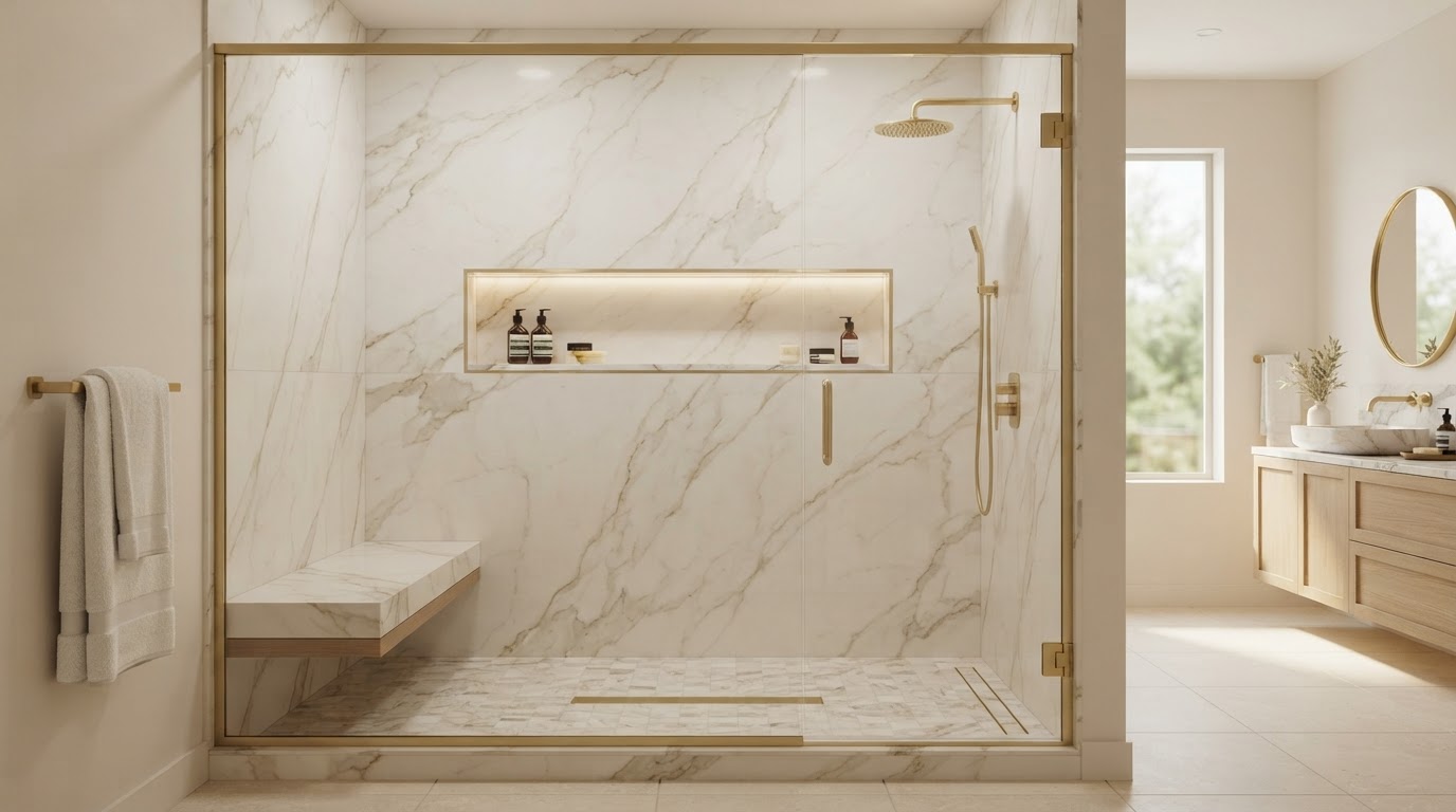Custom walk-in shower remodel with large-format slab walls, glass enclosure, and gold fixtures
