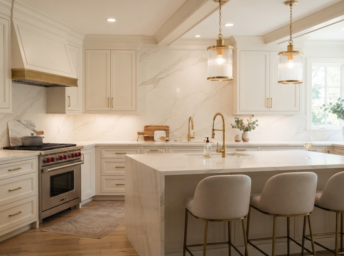 Complete kitchen renovation with island, updated countertops, and coordinated finishes